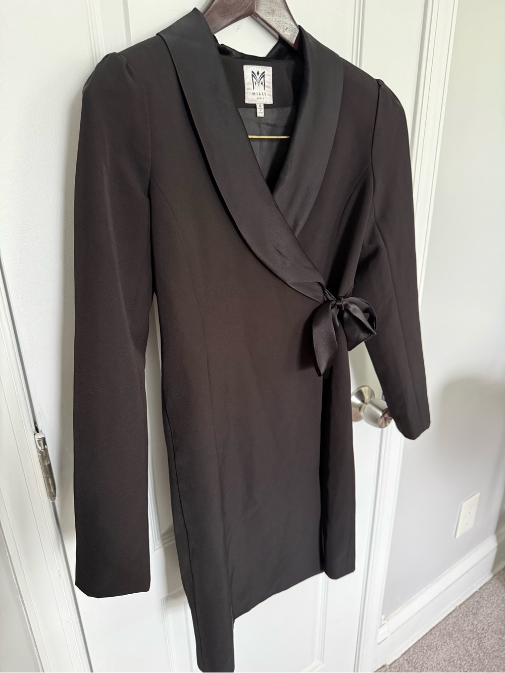 Milly Black Satin-Trim Tie-Front Wrap Blazer Dress